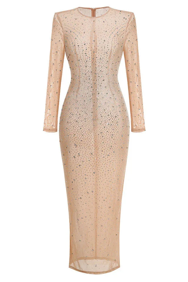 Front view of a long, sheer, long-sleeved gown with all-over rhinestone embellishments.