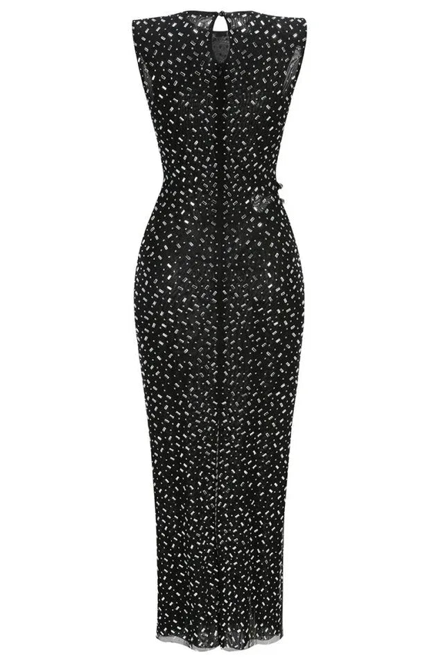 Embellished rhinestone mesh maxi gown with waist cutout - View 6 | TEVQA