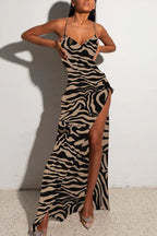 Elegant satin maxi evening dress with cowl neck and open back - View 9 | TEVQA