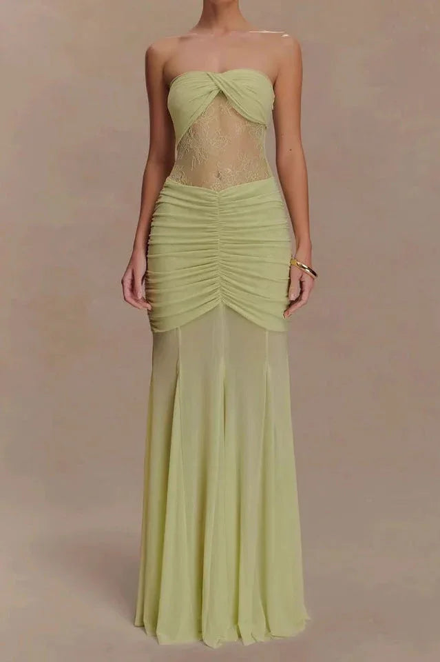 Model wearing a light green strapless gown with lace bodice and ruched skirt Main image