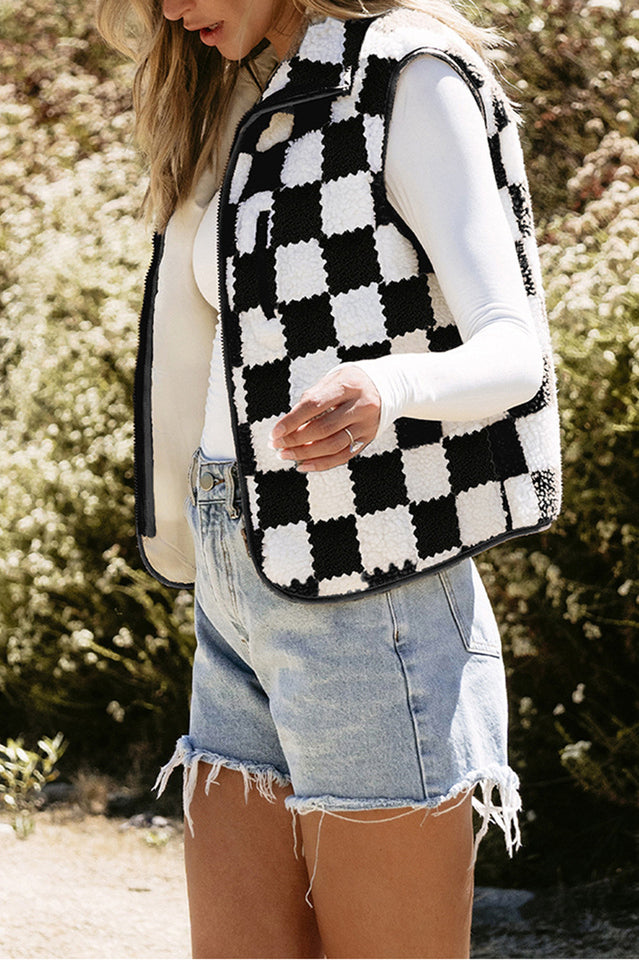 Checkered Sherpa Collared Jacket Vest | Dress In Beauty