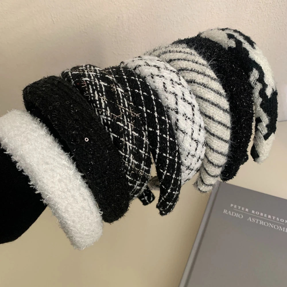 Classic Tweed Padded Headband - 1.2 Inch Black & White Collection