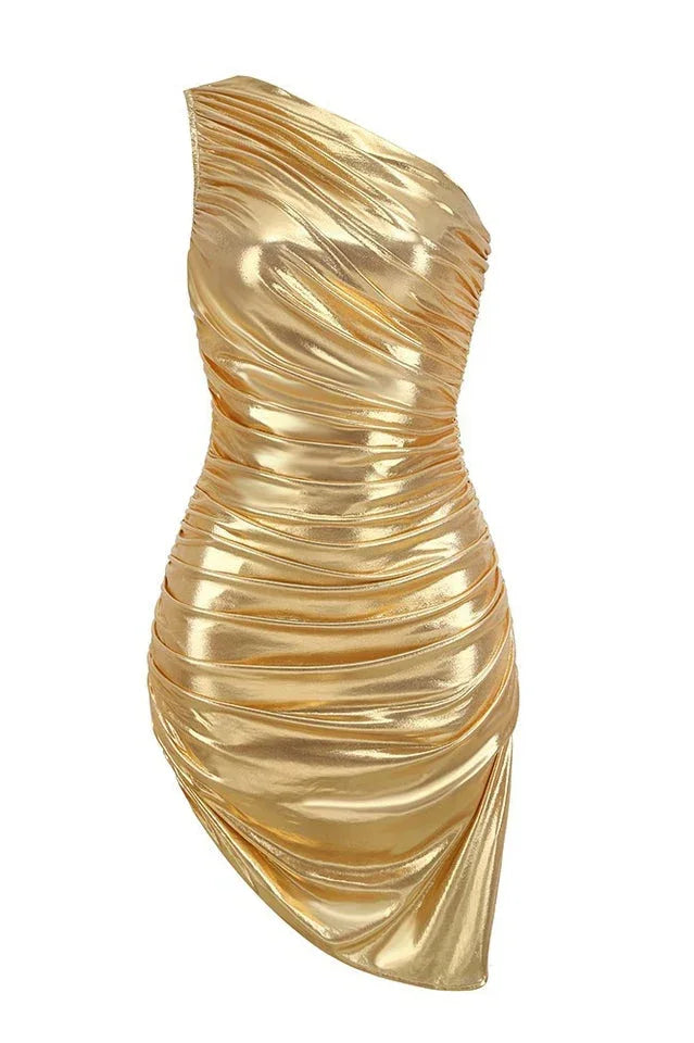 Metallic knit one-shoulder dress with ruched detailing - View 8 | TEVQA