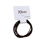 Close-up of a single brown elastic hair tie on branded cardstock.