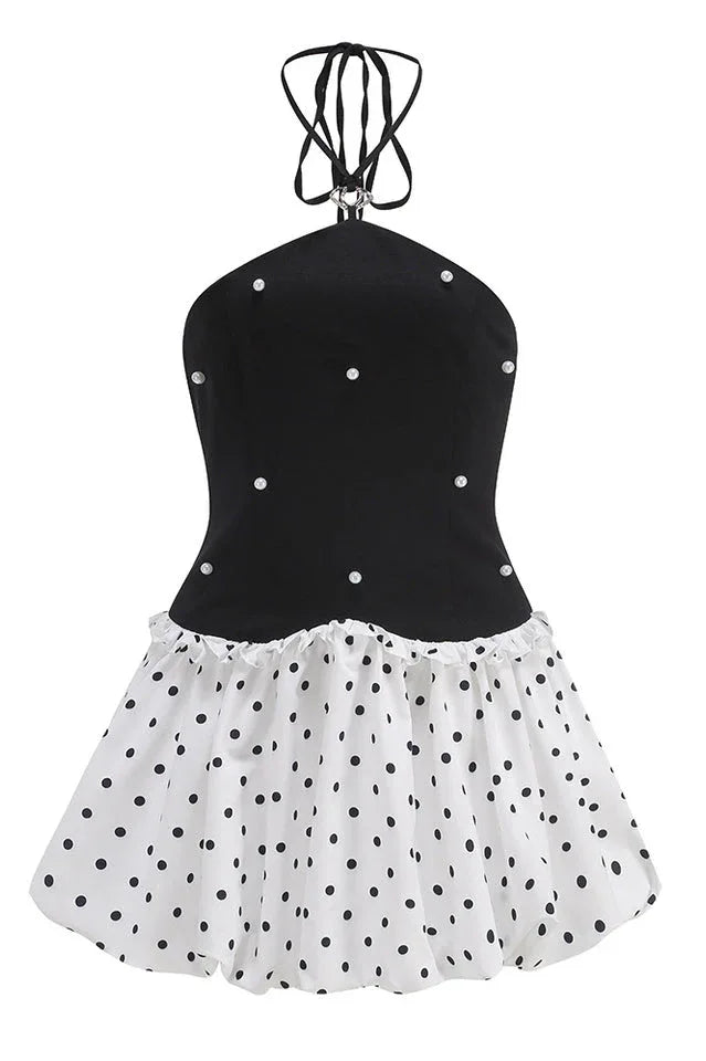 Halter Neck Fit and Flare Mini Dress with Polka Dot Print and Pearl Embellishments - View 6 | TEVQA