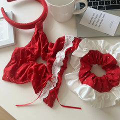 Red polka dot headband and scrunchies with lace trim