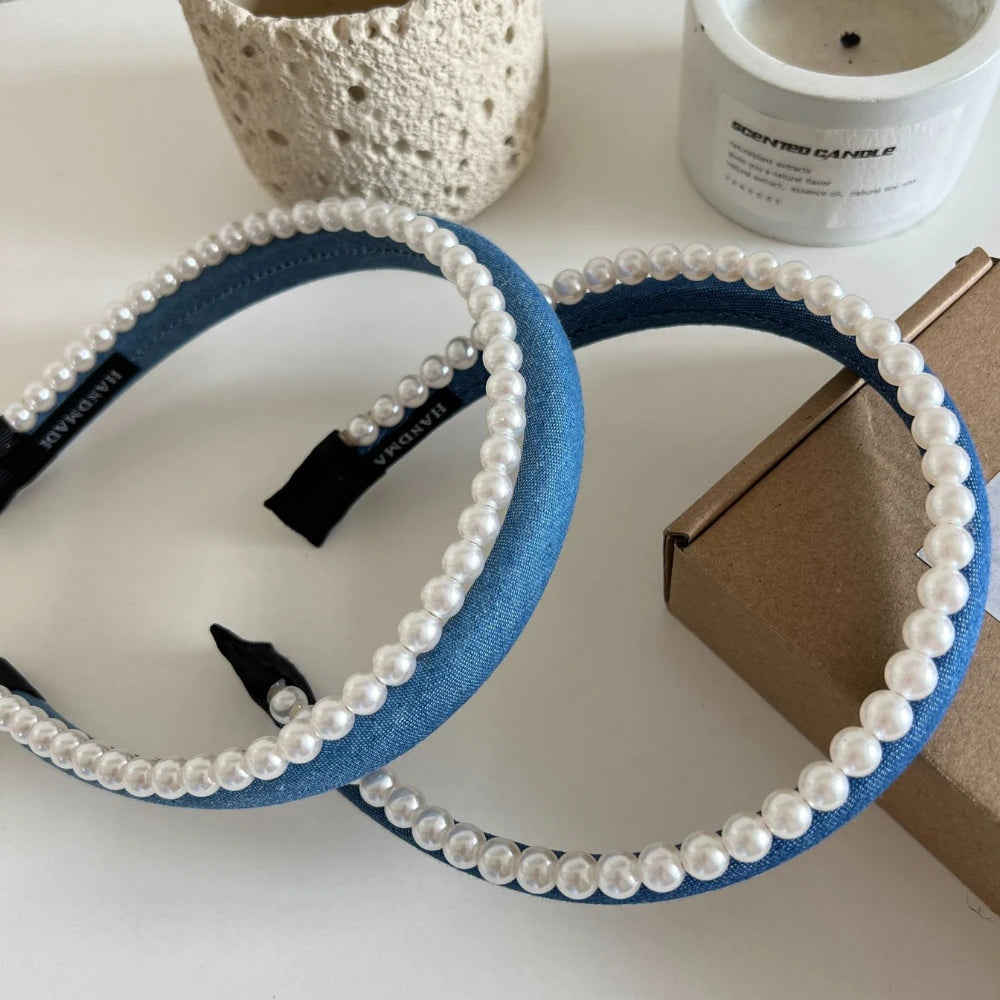 Classic Pearl Denim Headband - Preppy Hair Band