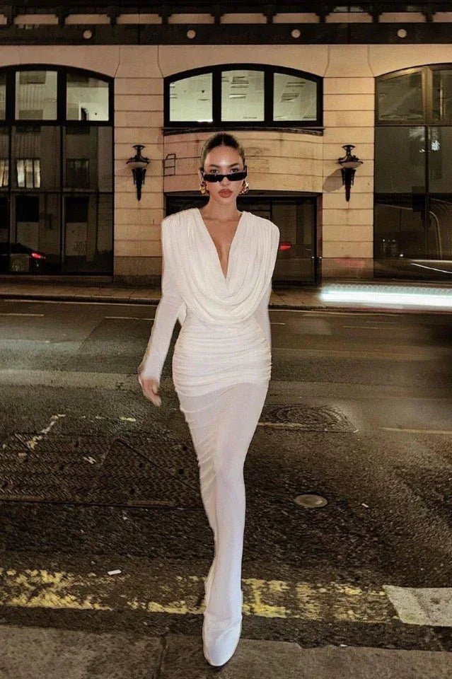 White long sleeve maxi dress with cowl neck - View 7 | TEVQA
