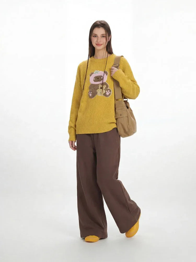 Oversized knit sweater with embroidered bear graphic - View 6 | TEVQA