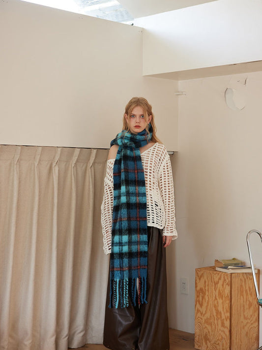 Acubi Style Blue & Teal Plaid Scarf