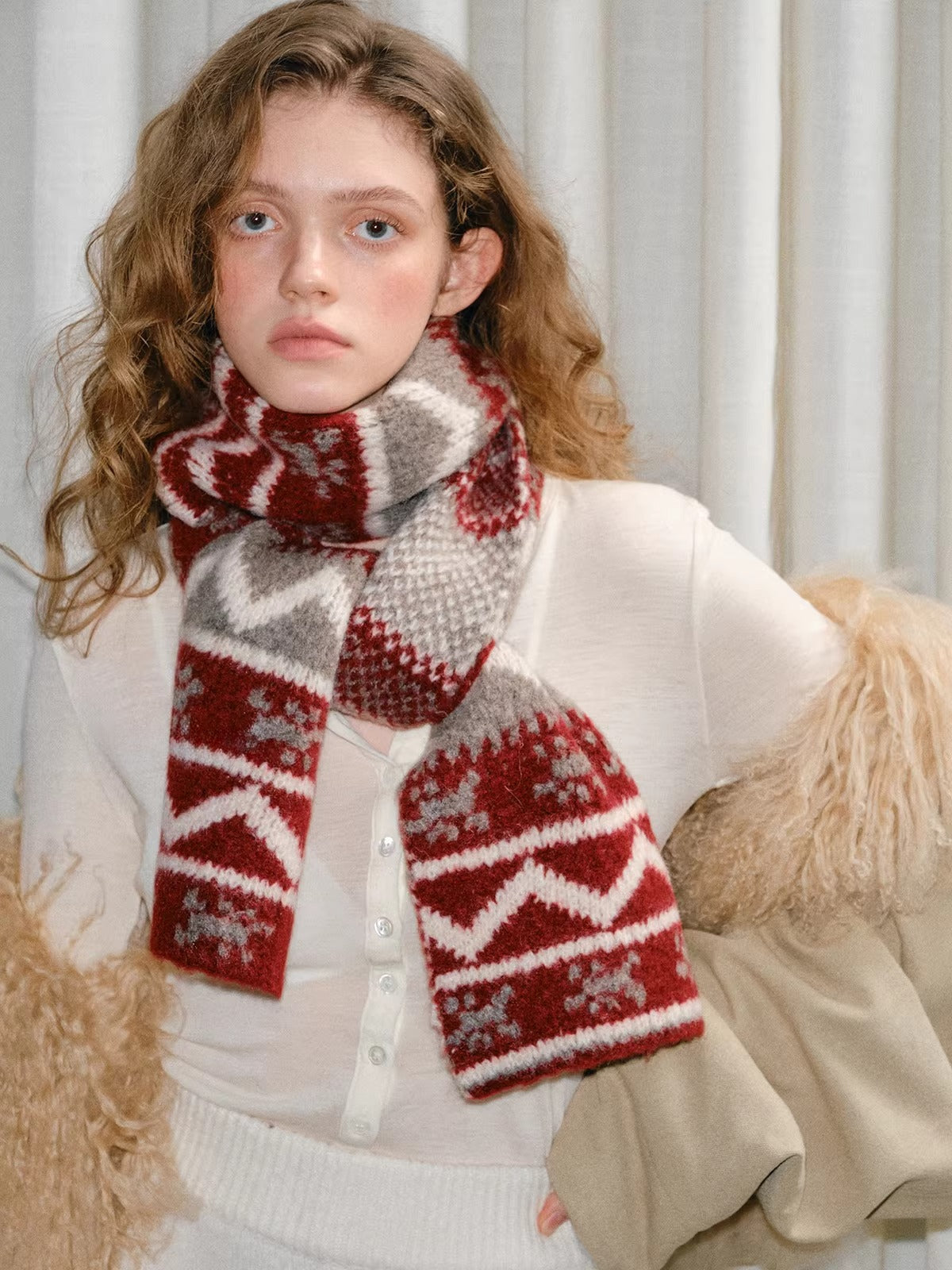 Red Fair Isle Pattern Chunky Knit Holiday Scarf