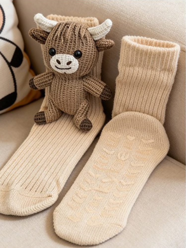 Two cream-colored, ribbed knit socks with non-slip grips on the sole of one sock, and a crocheted highland cow plush toy sitting on top of the other sock.