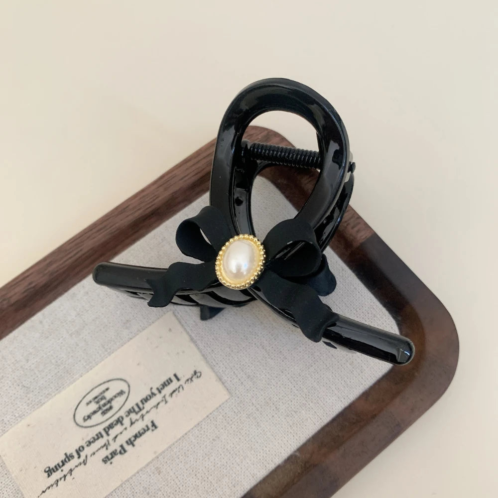 3.15 Inch Pearl Bow Hair Claw Clip - Elegant Preppy Design