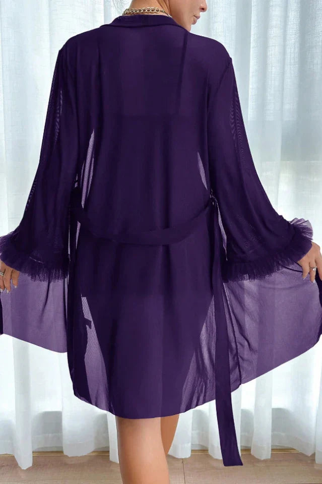 Deep Purple Mesh Robe & Lace Chemise Set, 2-Piece Peignoir Lingerie - Sexy Sleepwear
