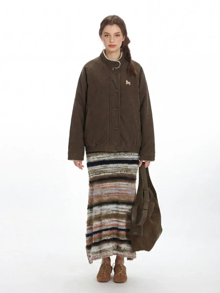 Vintage-Inspired Brown Corduroy Bomber Jacket - TEVQA Main image