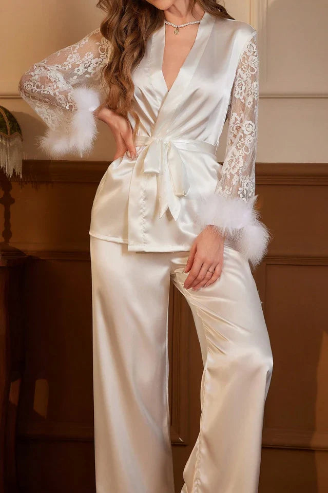White Satin Bridal Pajama Set with Feather Cuffs & Lace Sleeves, 2-Piece Luxury Sleepwear - Wedding Gift