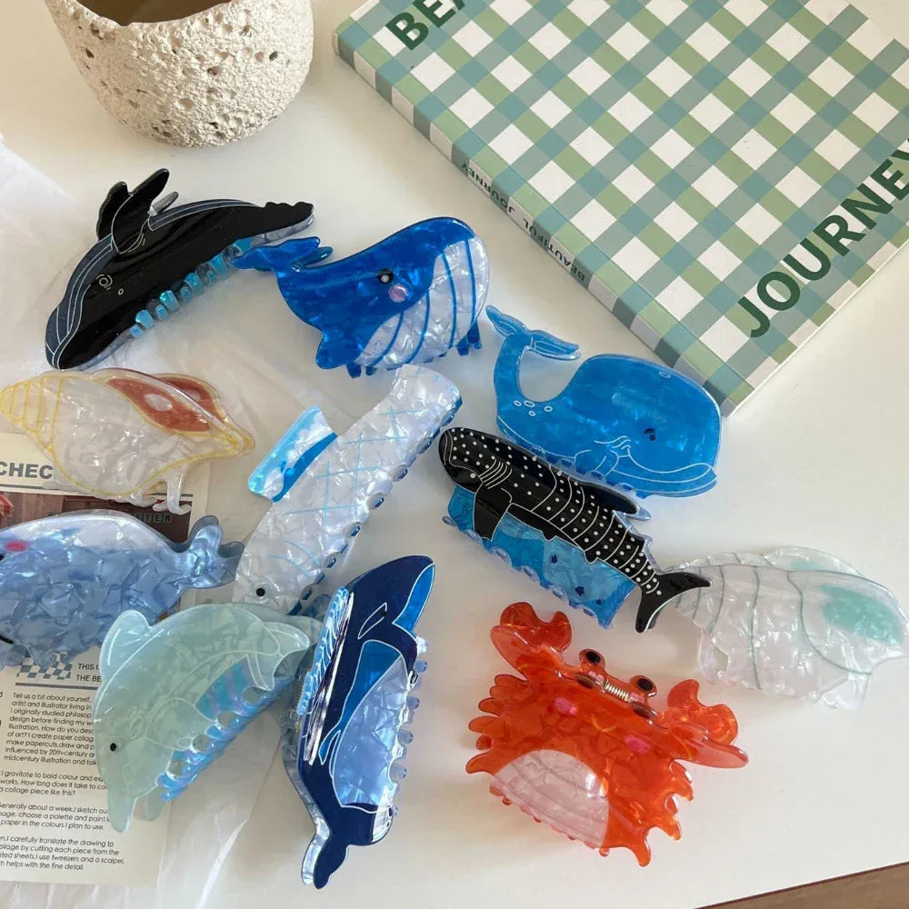 Various acrylic hair accessories shaped like sea creatures