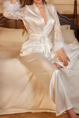 White Satin Bridal Pajama Set with Feather Cuffs & Lace Sleeves, 2-Piece Luxury Sleepwear - Wedding Gift