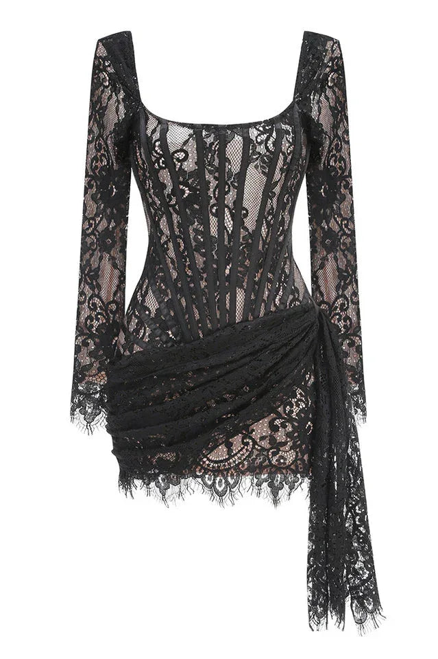 Lace Mini Dress with Square Neckline - View 7 | TEVQA