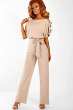 Wide leg jumpsuit with tie waist and boat neckline - View 7 | TEVQA