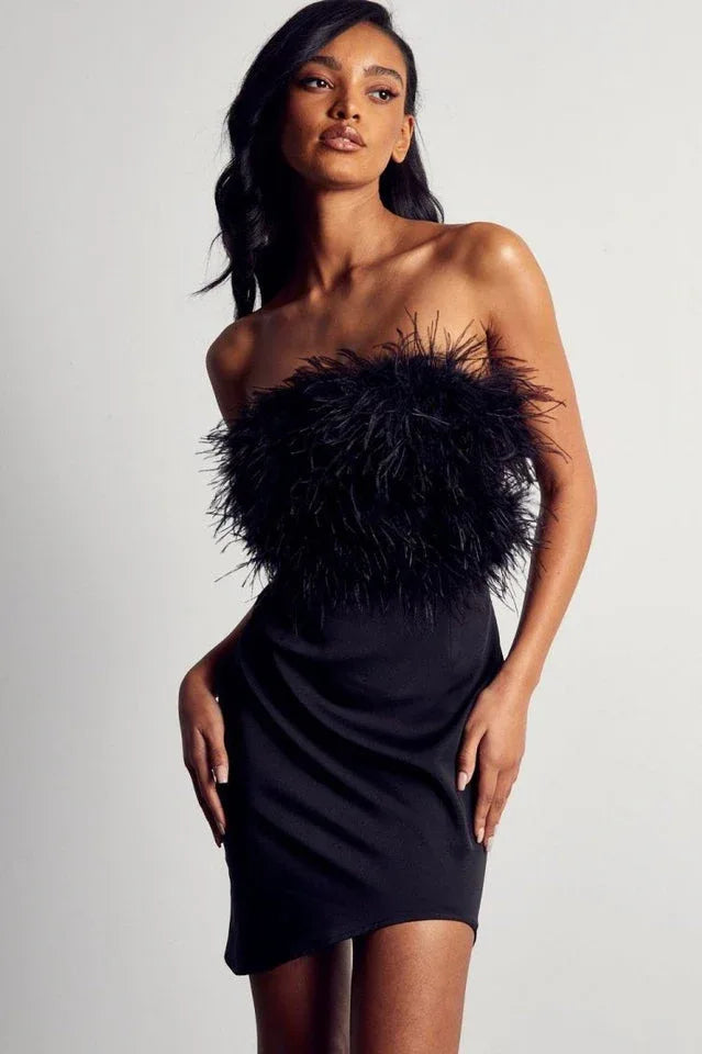 Feather Trim Mini Dress - View 7 | TEVQA