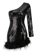 Romy One Shoulder Sequin Feather Mini Dress - View 10 | TEVQA