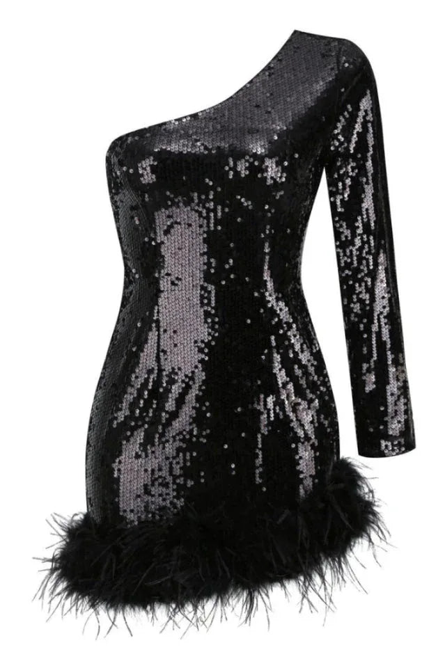 Romy One Shoulder Sequin Feather Mini Dress - View 10 | TEVQA
