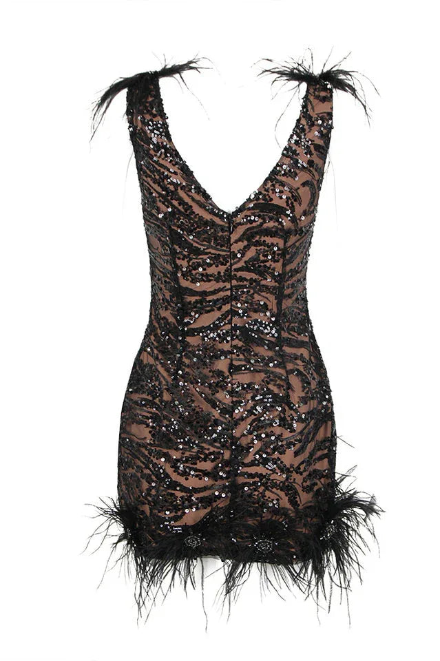 Sequin Feather Embellished Mini Dress - View 8 | TEVQA