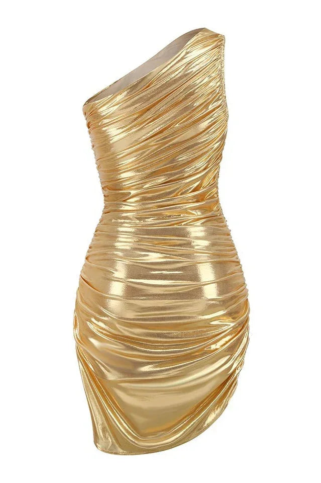 Metallic knit one-shoulder dress with ruched detailing - View 9 | TEVQA