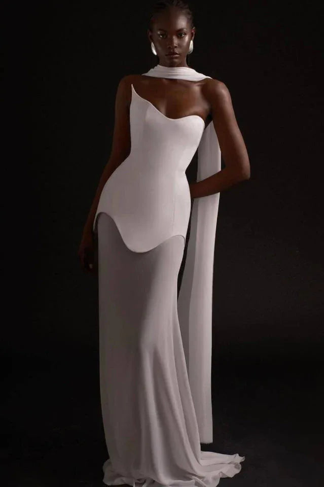 White Strapless Scarf Maxi Dress - TEVQA Main image