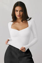 Cream Ribbed Sweetheart Neck Long Sleeve Top - TEVQA