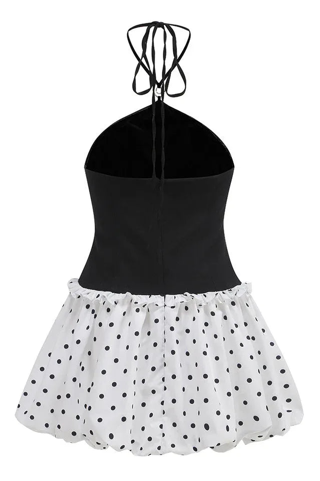 Halter Neck Fit and Flare Mini Dress with Polka Dot Print and Pearl Embellishments - View 7 | TEVQA