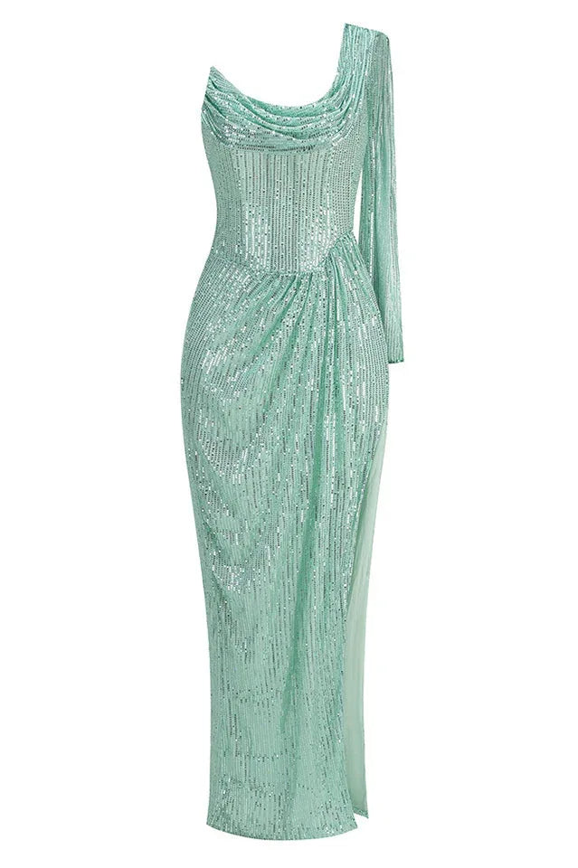 Front view of a mint green sequined column gown with a high slit and draped detail.