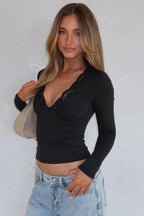 Lace Trim V-Neck Long Sleeve Top - View 13 | TEVQA