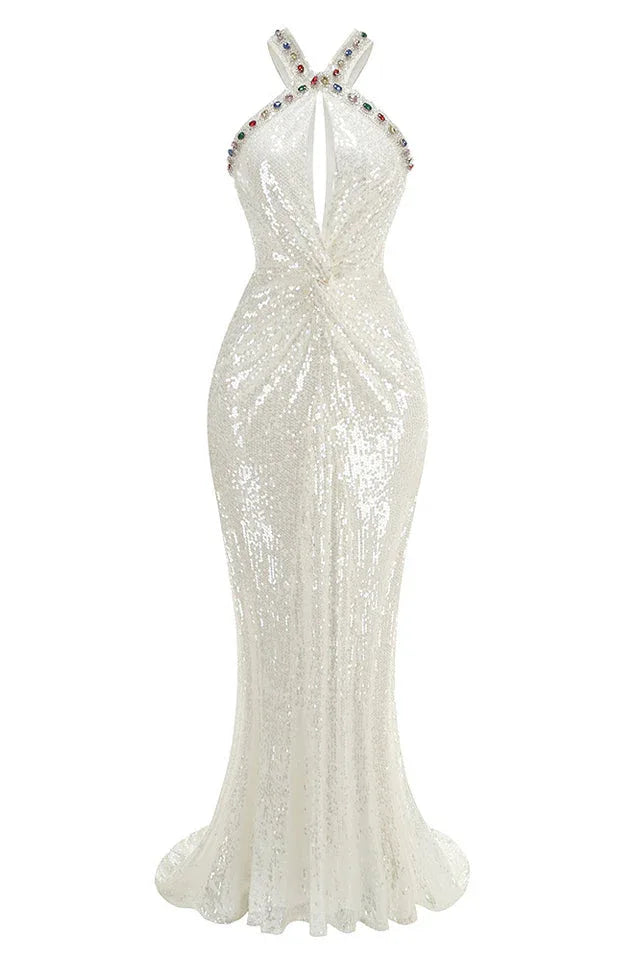 White sequin maxi dress with halter neckline - View 7 | TEVQA