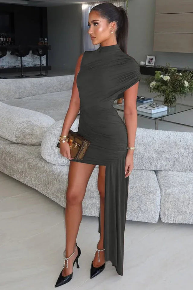 Ruched Mock Neck Mini Dress - View 14 | TEVQA