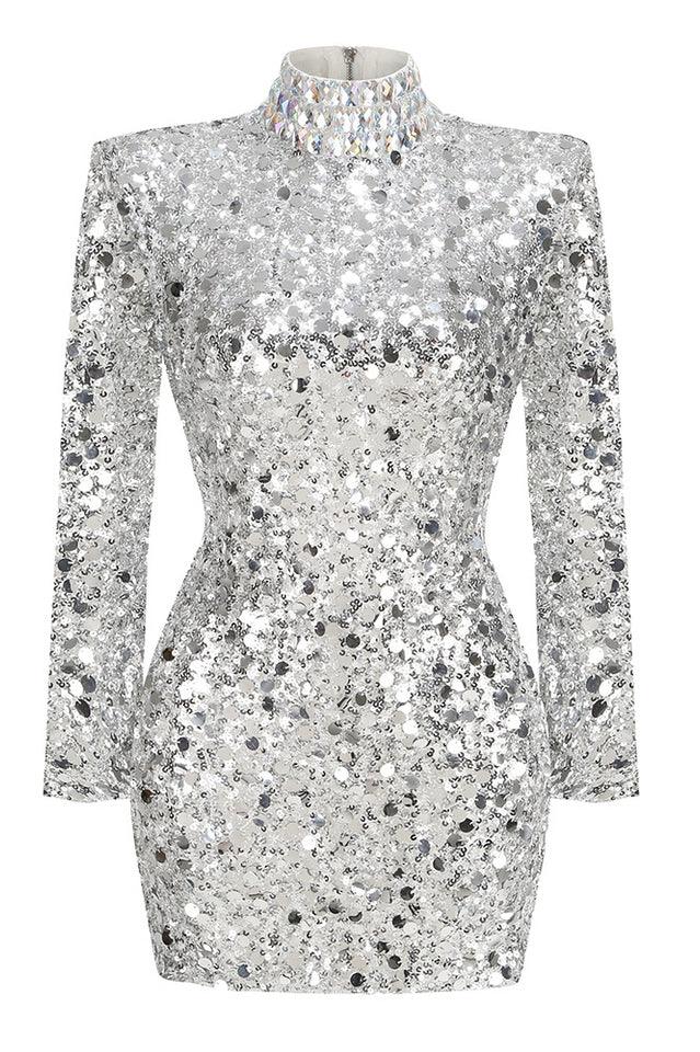 A silver sequined mini dress with a high neckline and long sleeves, displayed as a product shot.