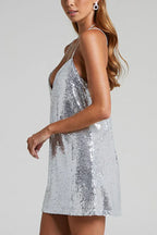 Sparkly sequin mini dress with V-neckline and spaghetti straps - View 10 | TEVQA