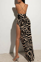 Elegant satin maxi evening dress with cowl neck and open back - View 10 | TEVQA