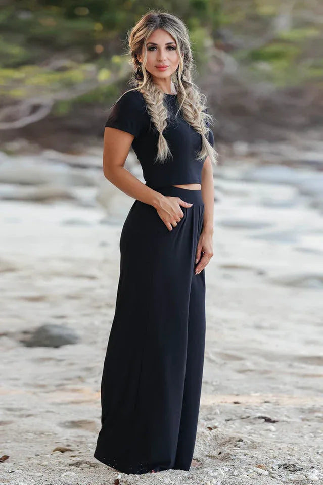 Casual two piece set with high-waisted wide leg pants and crop top - View 6 | TEVQA