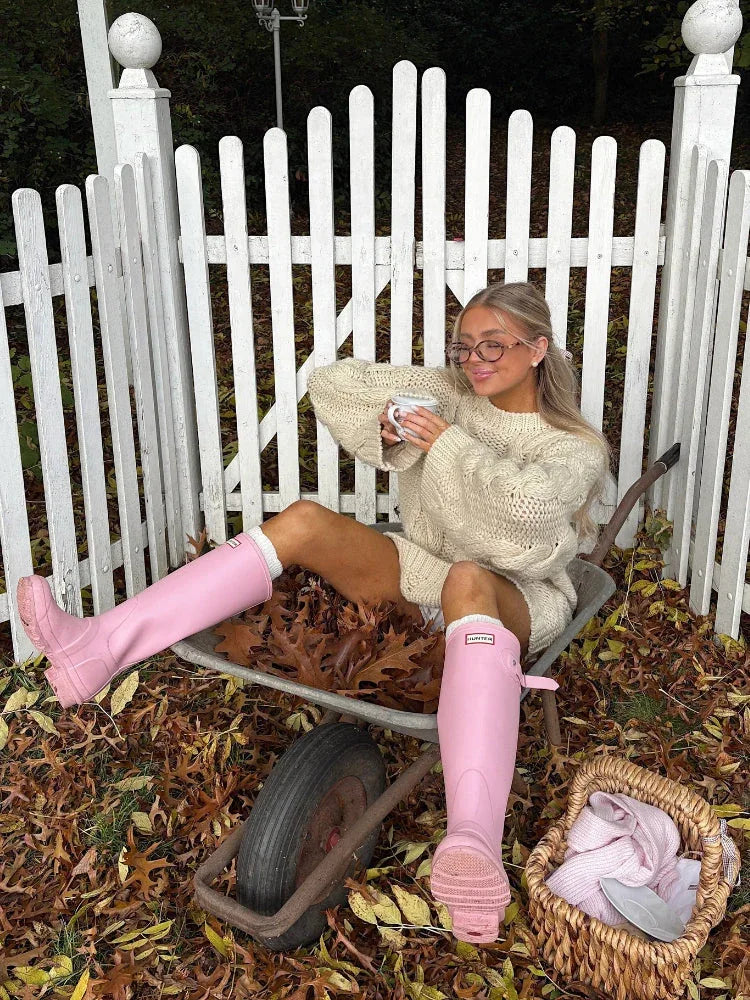 Chunky cable knit sweater with crew neck and bell sleeves - View 8 | TEVQA