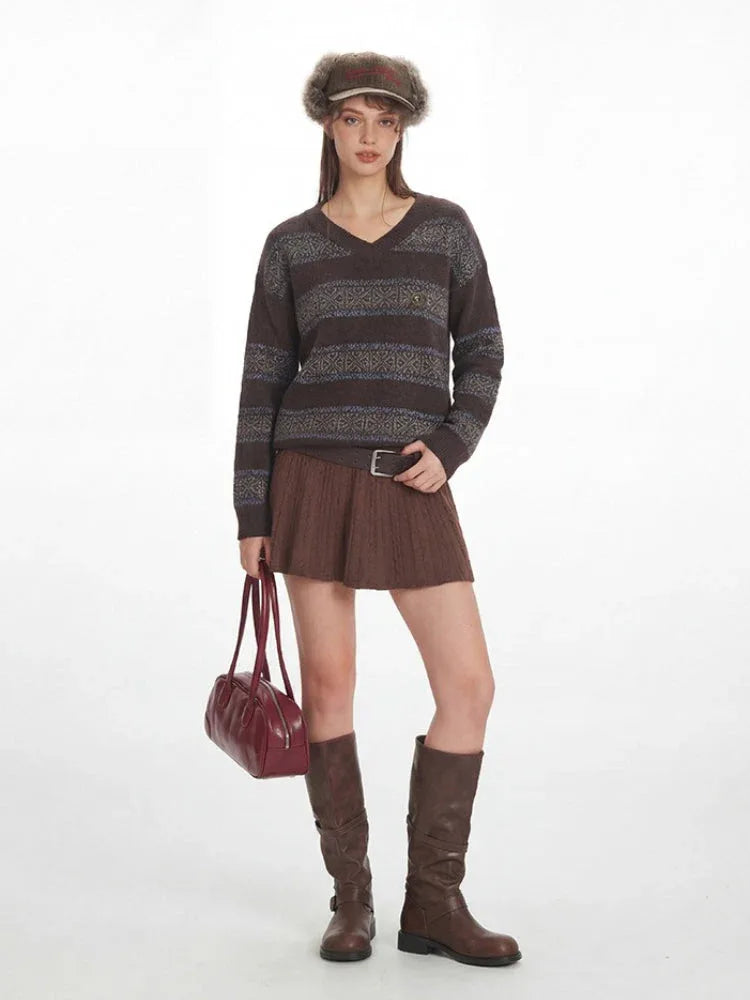 Vintage Academia V-Neck Striped Knit Sweater - TEVQA