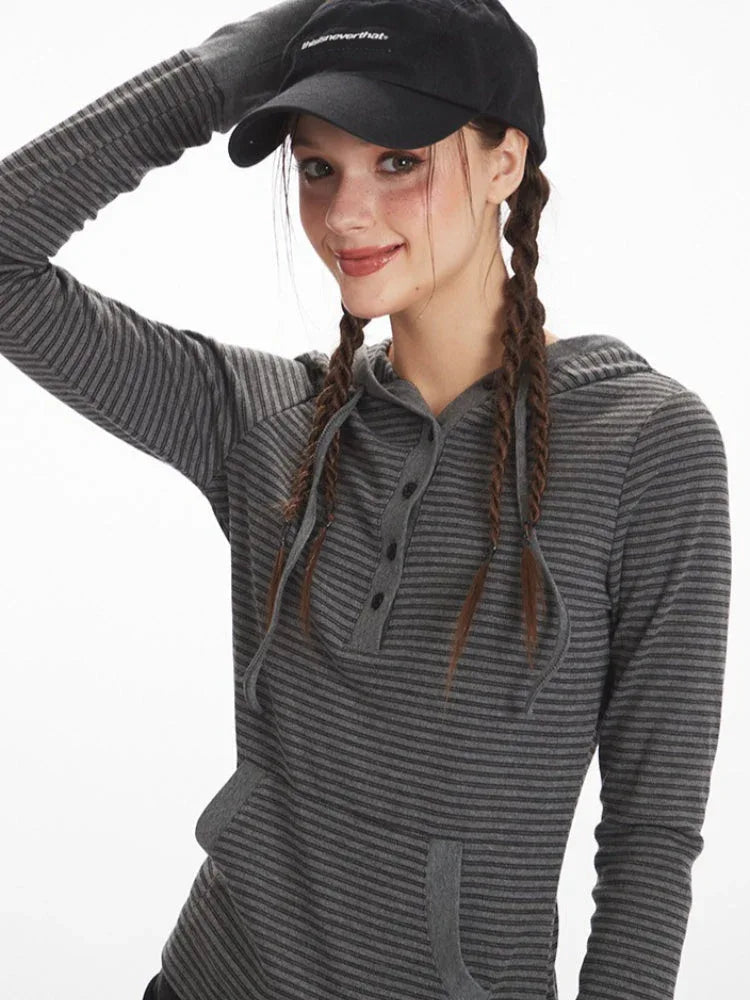 Y2K Grunge Striped Hooded Henley Top - TEVQA