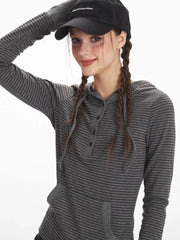 Y2K Grunge Striped Hooded Henley Top - TEVQA