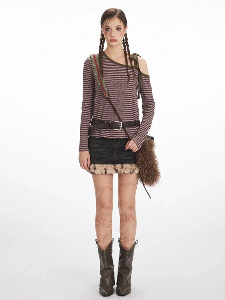 Y2K Grunge Asymmetrical Striped Long Sleeve Top - TEVQA