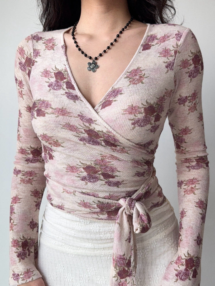 Vintage Floral Wrap Long Sleeve Top Pink