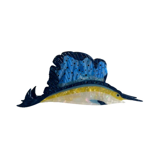 Close-up of a blue and yellow sailfish hair clip