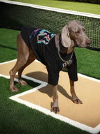 Weimaraner dog wearing a black t-shirt with a colorful graphic print and silver chain, standing on a tan mat on a tennis court.