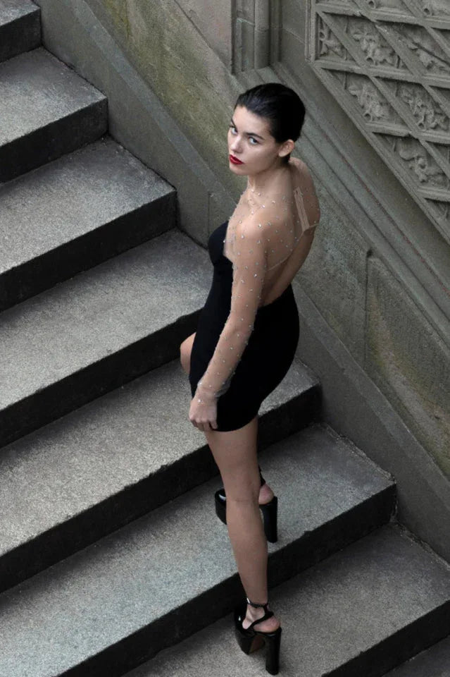 Aarohi Crystal Mesh Mini Dress - TEVQA