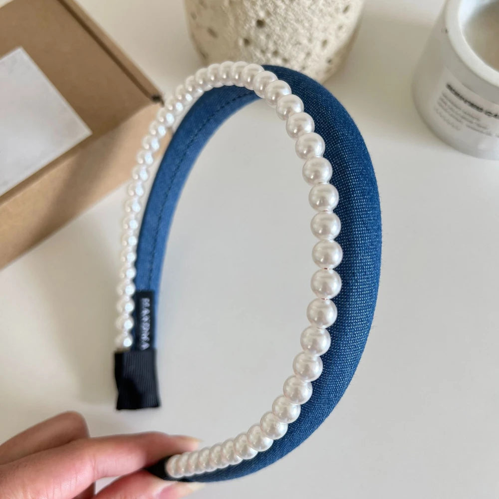 Classic Pearl Denim Headband - Preppy Hair Band